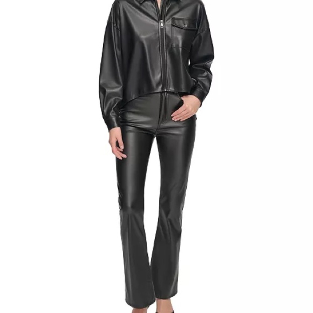 DKNY Jeans Women's Zip-Front Faux-Leather Long-Sleeve Shirt - Picture 4 of 12